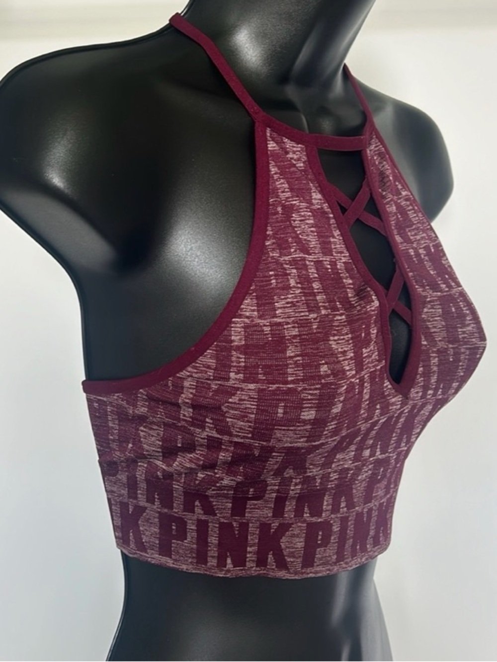 Victoria’s Secret PINK Cool & Comfy Strappy Logo Bralette Burgundy Sz Small - Picture 5 of 11